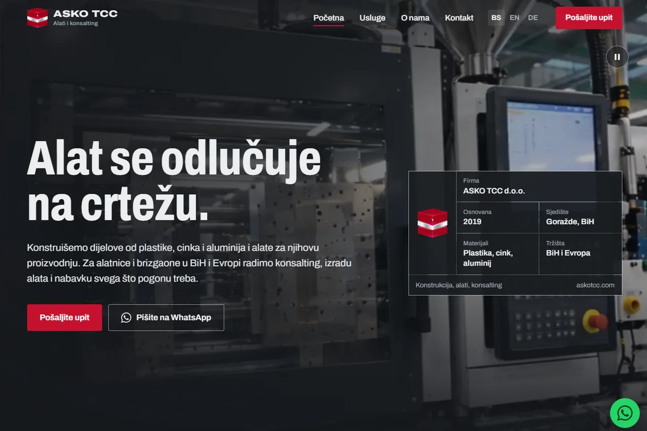 Početna stranica web stranice ASKO TCC koju je izradio GrowDigital